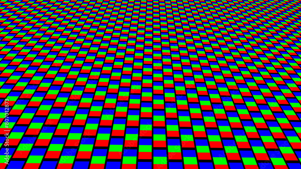 Poster RGB Screen Pixels Pattern In Perspective. Analog Display Television. Close Up Screen Texture. Macro of LCD Computer Screen Displaying Pure RGB Pixels. Red Green Blue LED Panel. Vector Illustration.