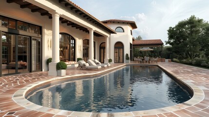 Mediterranean villa with a wide oval pool and terracotta tiles, perfect for outdoor dining.