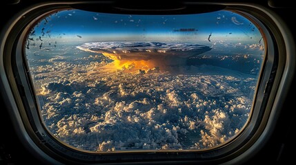 Fototapeta premium Aerial view of a cloud-filled sky with a prominent object in its center