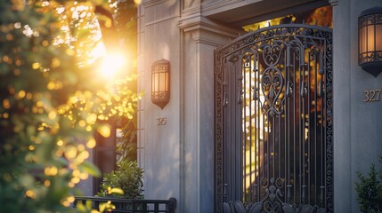 Sun-drenched morning at a craftsman house, the sun brightening the grey facade and ornamental gate.