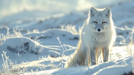 Naklejka premium A white fox is standing in the snow, looking at the camera