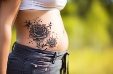 the allure of body art with a rose tattoo design adorning a woman's skin, exuding a hint of sensuality against a dark backdrop.