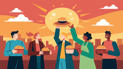 As the sun rose the group of bargain hunters chowed down on savory breakfast sandwiches fueling up for a day of bargain hunting.. Vector illustration