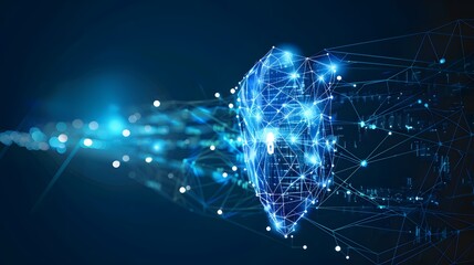 Abstract digital connectivity concept with glowing protective shield symbol on blue background