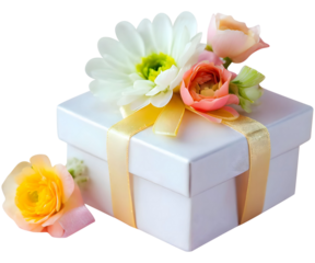 Cardboard gift box decorated with ribbon and flowers. Romantic present for love date. Design for wedding invitation and print card.