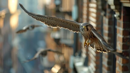 A kestrel diving from a building ledge to catch its prey, blending with urban life like a phantom - obrazy, fototapety, plakaty