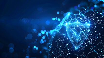 Abstract digital connectivity concept with glowing protective shield symbol on blue background