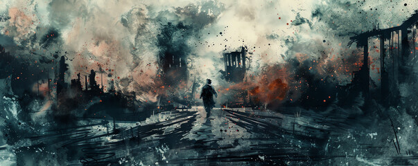 Capture the essence of Hamlets internal struggle in a wide-angle view, blending psychological symbolism with a blend of watercolor washes and detailed ink outlines