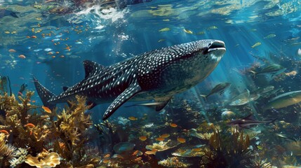 A massive whale shark gently filtering plankton near a coral reef, allowing divers to observe