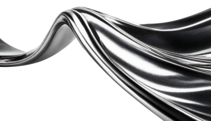 Abstract fluid metal bent form. Metallic shiny curved wave in motion. Cut out design element steel texture effect.