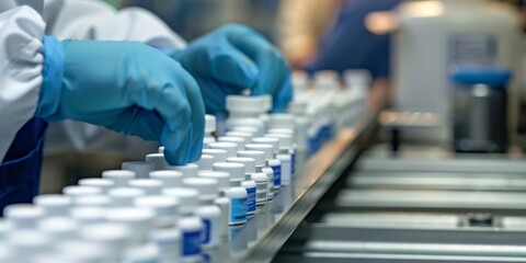 Focused Pharmaceutical Technician Inspecting Medication Bottles on Production Line, Drug Safety, Quality Assurance, Laboratory Work