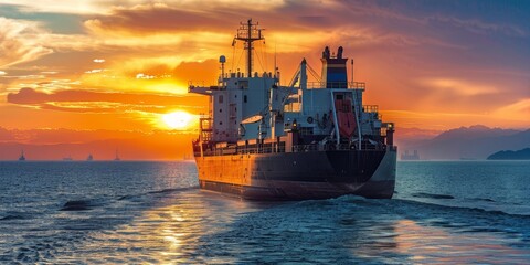 Naklejka premium Dramatic Sunset Sky Over Cargo Ship: Container Vessel at Sea, Maritime Transport, Global Trade, Ocean Freight, Shipping Industry