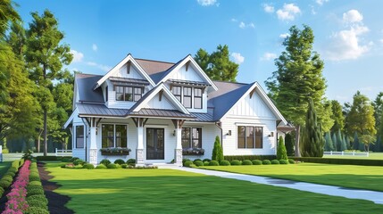 Rendering of a white Craftsman cottage, unique triple roof and manicured lawn.