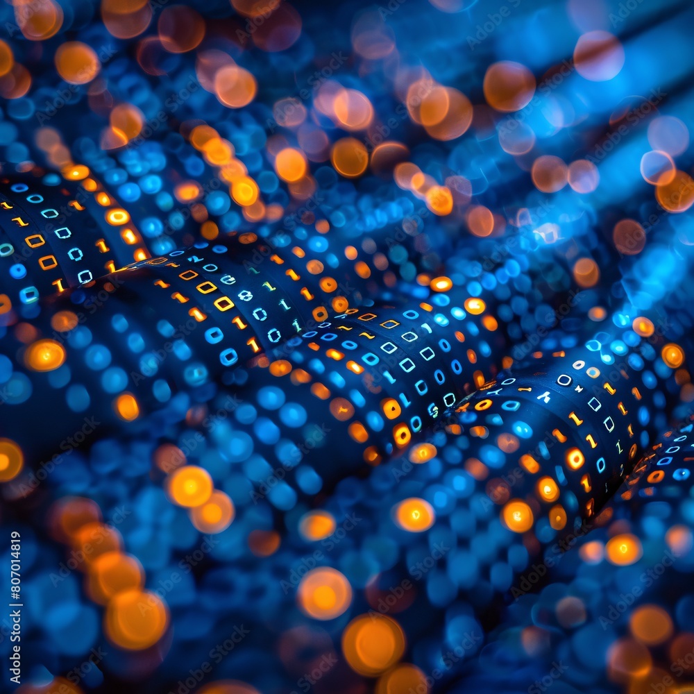 Wall mural Close-Up Abstract of Glowing Blue Binary Code on Curved Surfaces