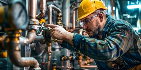 Industrial Maintenance Engineer Adjusting Copper Pipeline: Skilled Worker, Machinery Inspection, Factory Setting, Safety Gear