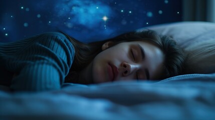 A woman peacefully sleeps in her bed with a night sky behind her