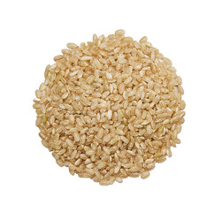 top view flat lay dry brown short grain rice isolated on white background