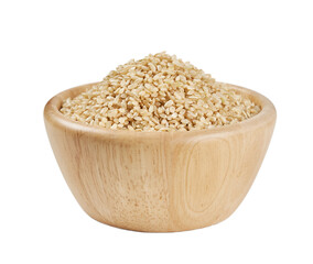 dry brown short grain rice isolated on white background in wood bowl