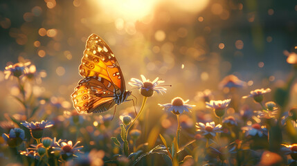 Photo realistic: Butterfly landing on a wildflower   A butterfly gently lands on a wildflower,...
