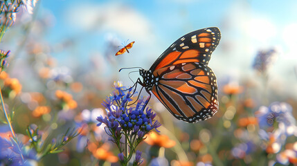 A butterfly gently lands on a wildflower capturing an intimate moment between fauna and flora in stunning detail   Photo realistic concept.