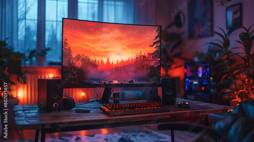 Aufkleber wide gaming console table image with colorful neon busy room background, pc computer screens with he