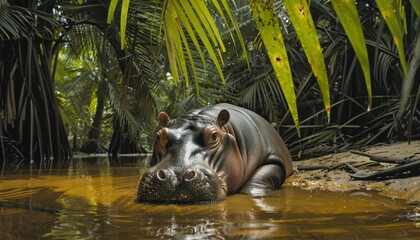 Fototapeta premium A pygmy hippo basking in a shallow riverbed under the rainforest canopy