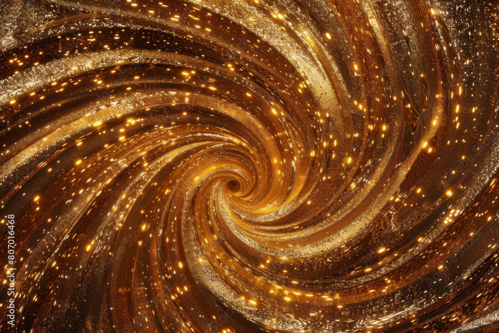 Poster abstract golden glitter spiral background with shimmering particles forming a textured vortex, perfe