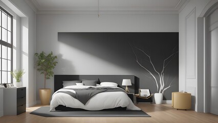 Elegant interior design bedroom of king, gray and black theme, bright sunny light in room (2)
