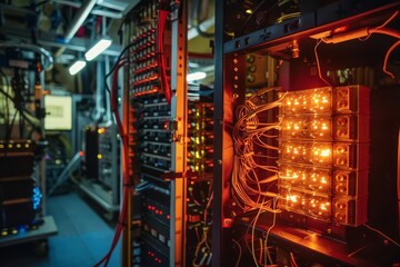 A quantum computer glowing in a temperaturecontrolled room, its processors chilled to nearzero temperatures