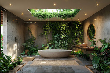 Luxurious bathroom features private outdoor garden area.