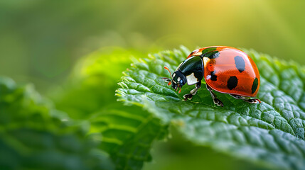 Photo realistic as Close up of a ladybug on a leaf concept as A vivid close up of a ladybug crawling on a leaf highlighting its bright colors against the green backdrop
