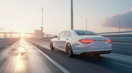 Back shot of White luxury car running on highway on empty road