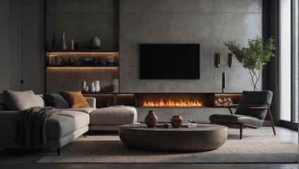 Experience urban sophistication, in a minimalist living room with sleek concrete walls and a cozy fireplace, where modern design elements come together to create a space of timeless elegance.