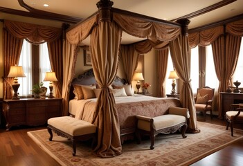  A luxurious and ornate bedroom with a large four-poster bed, antique furniture, and elaborate curtains and decor. The room has a warm, traditional and opulent feel.