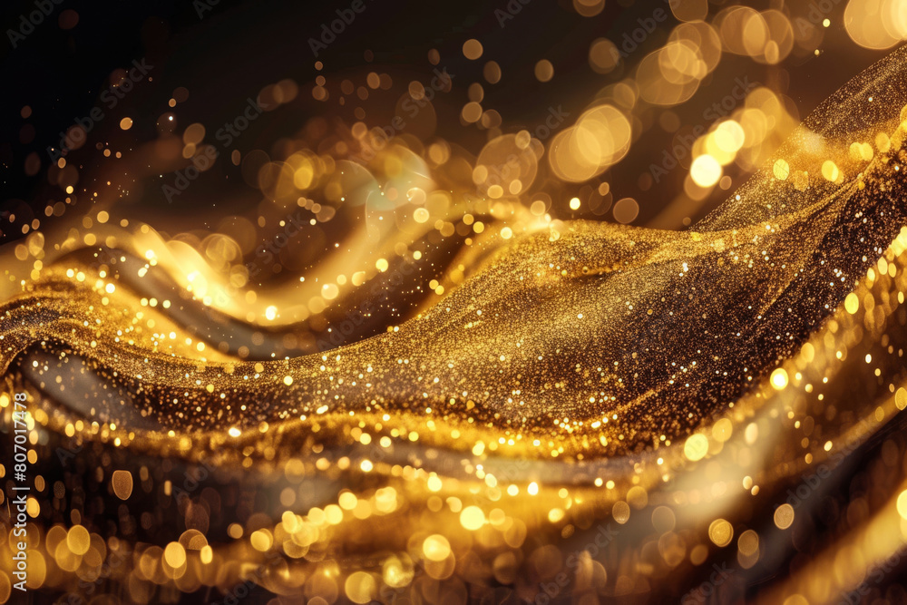 Poster captivating background featuring waves of golden fabric dusted with glitter, creating a sparkling, m