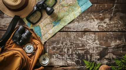 A pair of hiking boots, binoculars, a compass, and a map are displayed on a rustic wooden table in...
