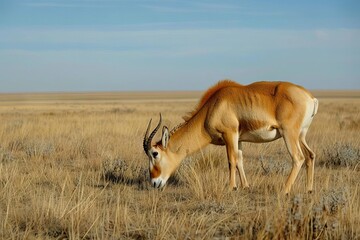 A serene saiga antelope grazing on the windswept steppe, its unique snout catching the breeze