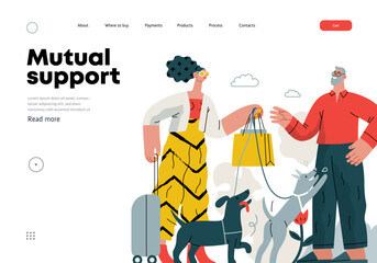 Mutual Support: Pet-sitting -modern flat vector concept illustration of a woman going on vacation leaving her dogs with neighbor. A metaphor of voluntary, collaborative exchanges of resource, services