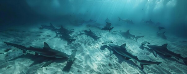 A shoal of hammerhead sharks swimming in formation along the sandy ocean floor