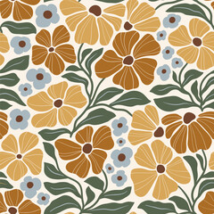 Seamless vector pattern with hand drawn groovy vintage flowers. Perfect for textile, wallpaper or print design.
