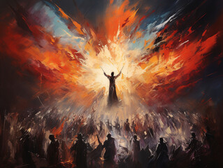 Painting of a man standing in front of a crowd of people, artistry work, dramatic explosion of colorful light