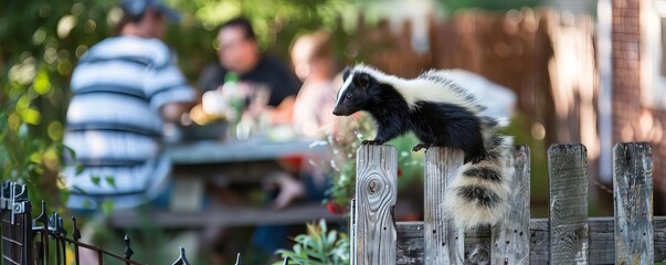 A skunk crossing a backyard fence, unnoticed by the family enjoying a barbecue nearby - obrazy, fototapety, plakaty