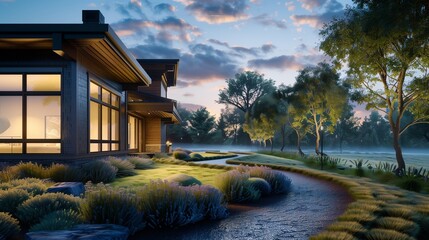 Modern Craftsman home at first light with dew on landscaping along the pathway.