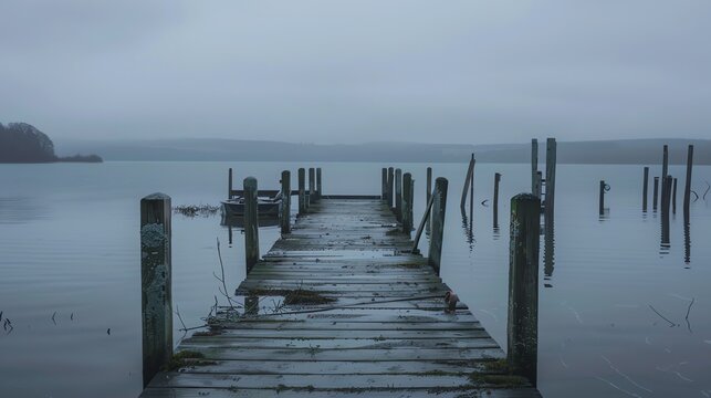 A wooden dock juts out into a still lake on a foggy day. The water is calm and still, reflecting the gray sky above. - Powered by Adobe