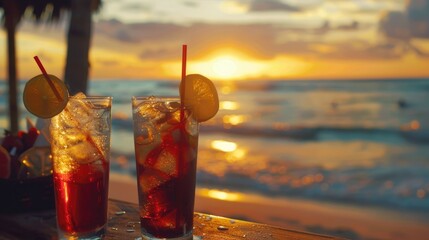 Blurry beach sunset drinks background.