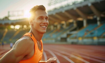 Happy man running on track at sunset with smile on face