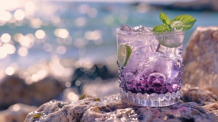 Exotic summer drinks on stone with beach background.