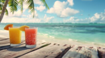 Fresh fruit drinks on wooden planks with beach background.