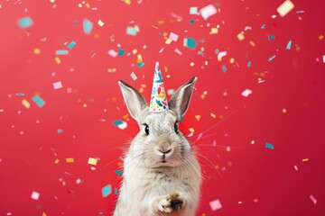 Festive Rabbit Celebration with Party Hat in Red Background and Falling Confetti