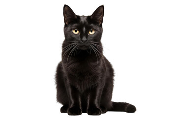 A black cat is sitting on a white surface. The cat has yellow eyes and is looking at the camera.